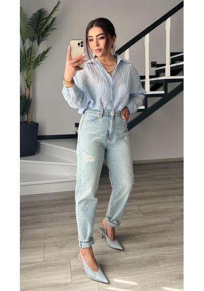 Kar Yıkama Kapalı Yırtık Mom Jean Kar Yıkama