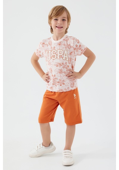 U S Polo Assn Flowered Details Bej Erkek Çocuk Bermuda Takım