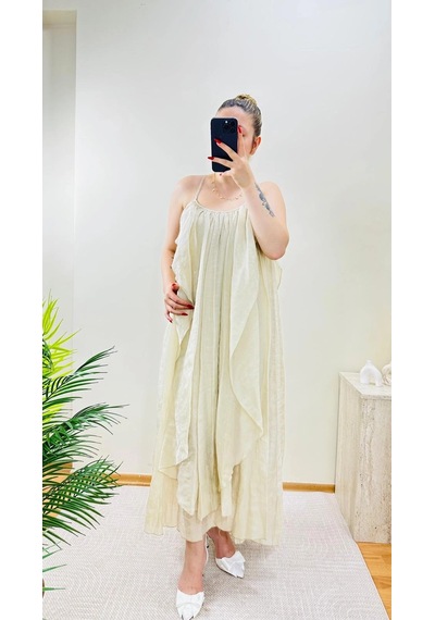 Elora Atelier Büzgülü Askılı Ekru Maxi Boy Elbise Çok Renkli