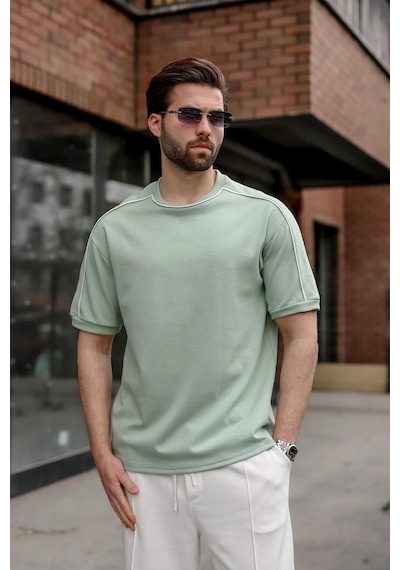 Madmext Mint Yeşili Şerit Detaylı Modern Kesim Erkek Tişört E7182