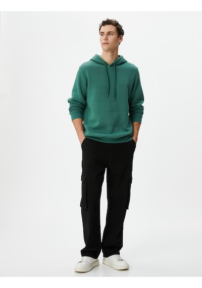 Koton Basic Kapşonlu Sweatshirt Uzun Kollu Ribanalı Yeşil 4sam70001mk Koyu Yeşil