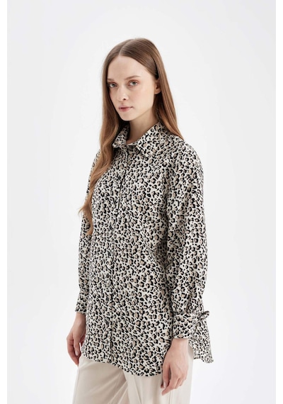 Defacto Relax Fit Leopar Desenli Uzun Kollu Gömlek Tunik D2608AX24AUBG702 Bej