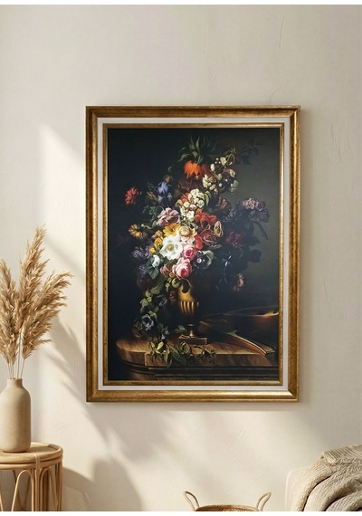 Vintage Gold Çerçeveli Dekoratif Tablo - Dark Floral Art - 60x80 Cm