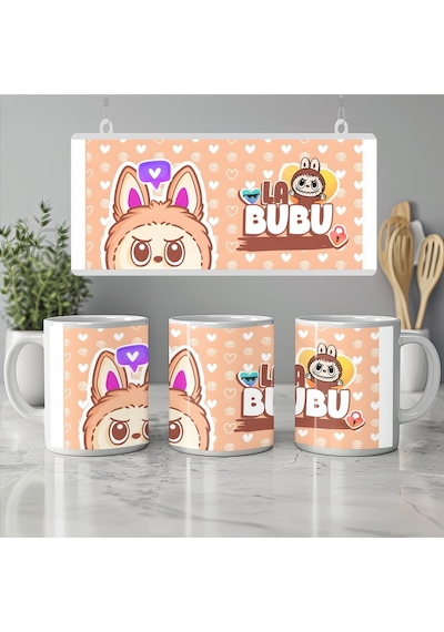 La Bubu Kupa Bardak - Bej Arka Planlı Sevimli Karakter Tasarım - Tatlı Hediye Kupa Modeli Beyaz