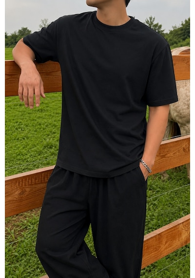 Tarz Cool Erkek Regular Fit Bisiklet Yaka Basic Tişört 2 İplik Şardonsuz %100 Pamuk Günlük Rahat T-shirt Siyah
