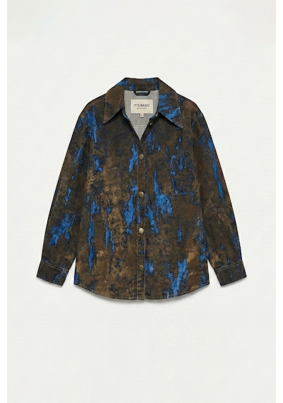 Itsbasic Kadın Kahve Mavi 1s6-15 Oversize Özel Flok Kumaş Tasarım Denim Gömlek