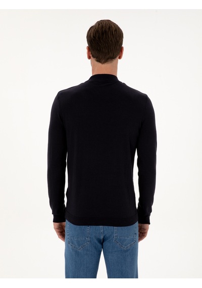 Cacharel Lacivert Slim Fit Pamuk Karışımlı Çeyrek Balıkçı Yaka Basic Triko Kazak