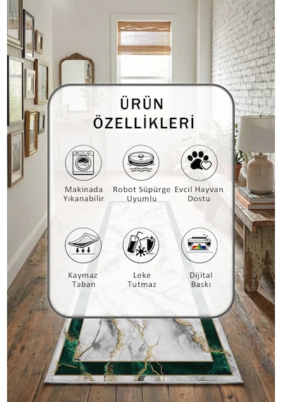 Zümrüt Yeşil Dijital Baskılı Kaymaz Yıkanabilir Yolluk