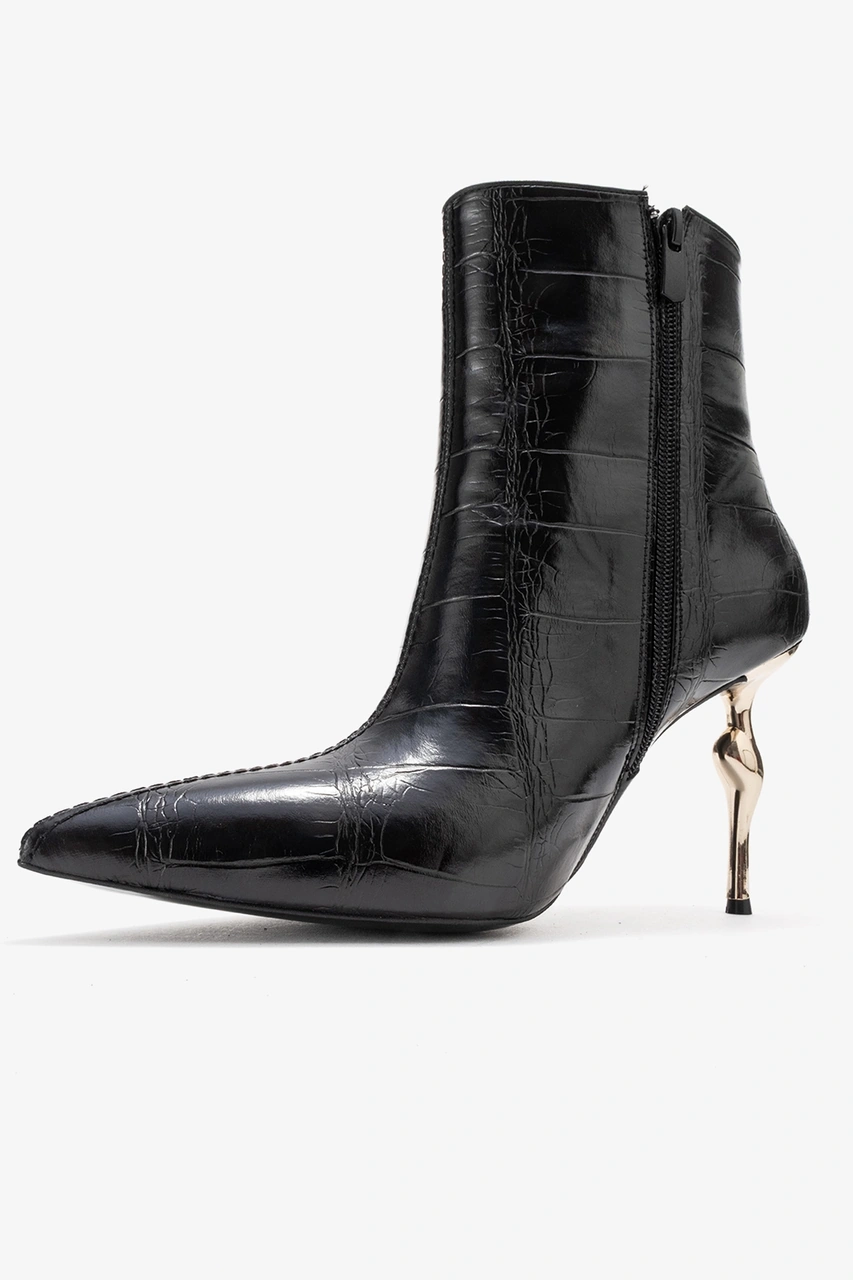 Luvishoes Luvi Shoes Crısta Siyah Baskı Sivri Burunlu Kadın Topuklu Bot Siyah Kroko