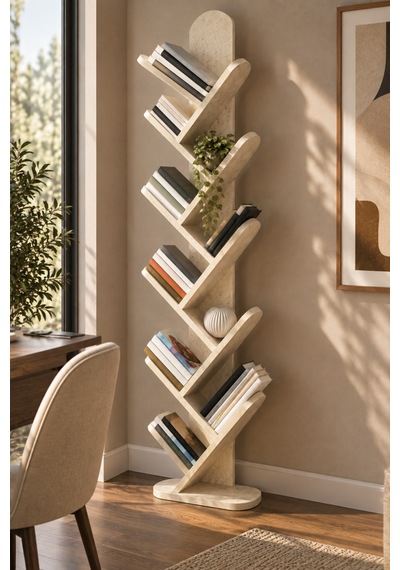 Sulorahome 10 Raflı Ekru Kitaplık 147 Cm Traverten Desenli Dikey Kütüphane
