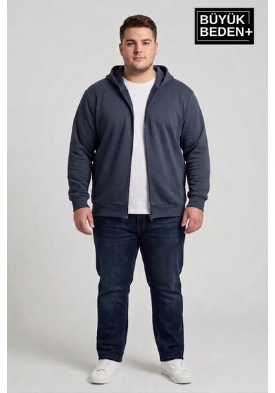 Süperlife Erkek Büyük Beden Fermuarlı Kapüşonlu İnce Sweatshirt Hırka - Rahat Kalıp Spr26bhr960 Indigo