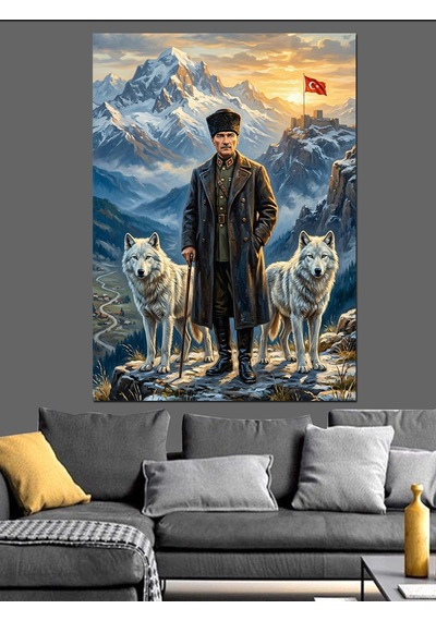 Karlı Dağlarda Bozkurtlu Atatürk Portresi Dekoratif Kanvas - Mdf Ahşap Tablo