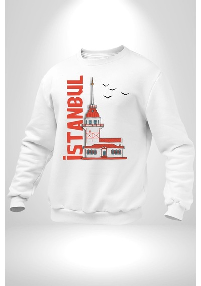 İstanbul Kız Kulesi Türkiye Unisex Beyaz Sweatshirt Beyaz