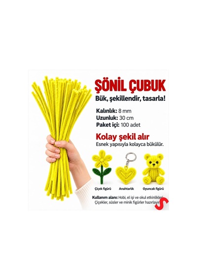 Şönil Çubuk 8 Mm Kalınlık 30 Cm Uzunluk, 100 Adet - Sarı