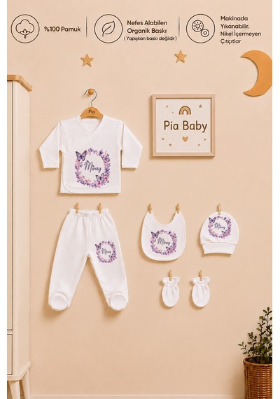 Pia Baby Kişiye Özel Kız Bebek Zıbın Seti 5'li %100 Pamuk İsimli Organik Baskılı 1090z0x Krem