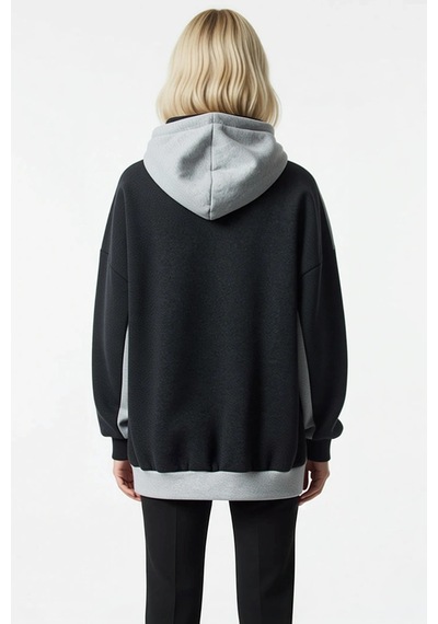 Benerly Kadın Kapüşonlu Düşük Kol Örme Geniş Kalıp Sweatshirt Fonksiyonel Antrasit