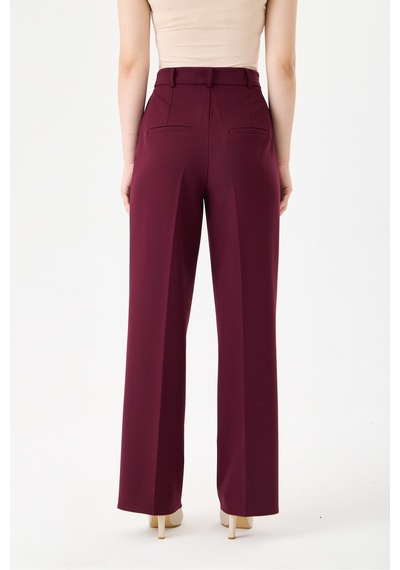 Velnara Moda Mürdüm Boru Paça Cepli Yüksek Bel Dokuma Kumaş Kadın Pantolon Bordo Mürdüm - 918013923 Bordo Mürdüm