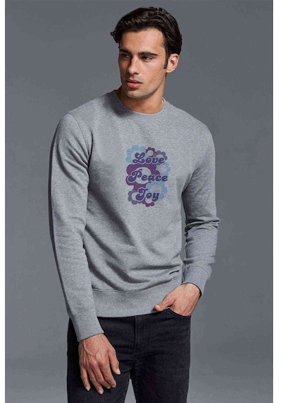 Love Peace Baskılı Gri Erkek Örme Sweatshirt