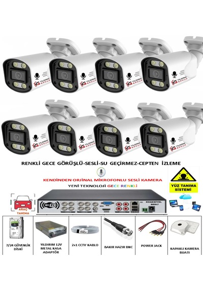 8 Li Sesli Güvenlik Kamerası 5 Mp Gece Renkli Yüz Ve Araç Tanıma