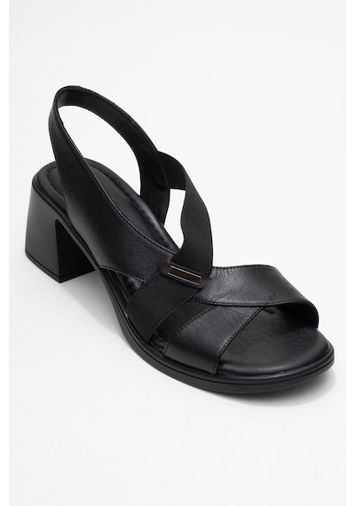 Luvishoes Crına Siyah Hakiki Deri Lastikli Kadın Kalın Topuklu Sandalet Siyah