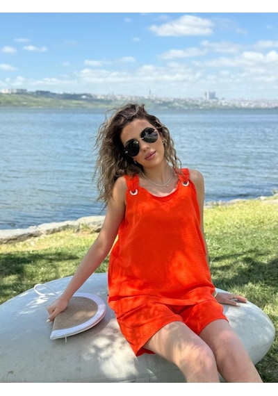 Buğrahayalin Kadın Kolsuz V Yaka Kuş Gözü Detay Bluz Short Aerobin Ikili Takım Turuncu Buğrahayalin Kadın Kolsuz V Yaka Kuş Gözü Detay Bluz Short Aerobin Ikili Takım Turuncu