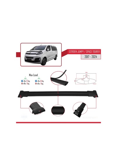 Citroen Jumpy - Space Tourer 2017 Ve Sonrası İle Uyumlu Fly Model Ara Atkı Tavan Barı Siyah 3 Adet Bar