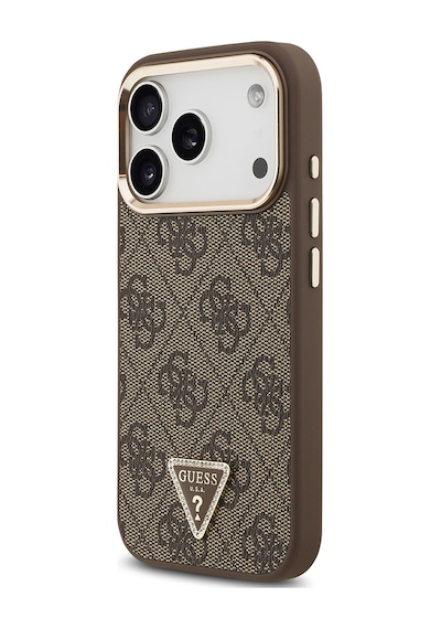 Apple Uyumlu iPhone 17 Pro Kılıf Guess Lisanslı M-safeli Gold Kamera Çerçeveli Taşlı Üçgen Logo 4g Desenli Kahve Kahverengi