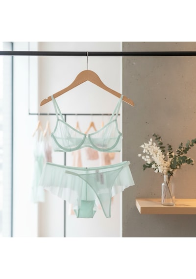 Bonbon Kadın Tül Transparan Balenli Sütyen, Checky Ve String Külotlu 3 Lü Paket Bb2621 Yeşil