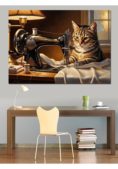 Ahşap Tablo Dikiş Makinesi Ve Meraklı Kedi