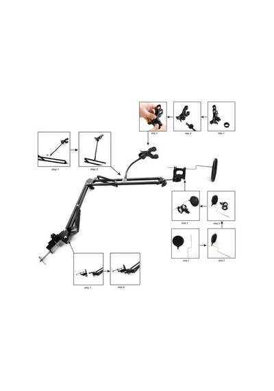 3in1 Hareketli Tasarım Profesyonel Mikrofon Standı + Pop Filtre + Telefon Tutucu - Al2552
