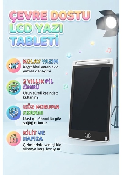 8.5 İnç Lcd Kalemli Çizim Kilitlemeli Silmeli Eğitici Oyuncak Çizim Tableti Beyaz