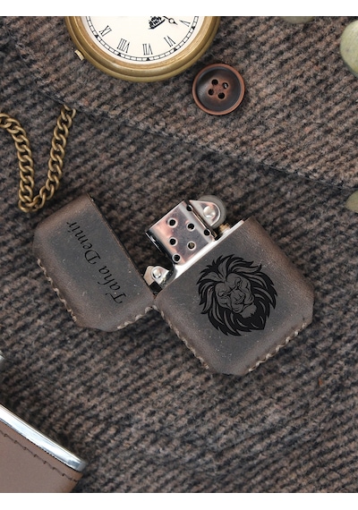 Vagave Gri Renk Hakiki Deri Kılıflı Zippo Benzinli Çakmak