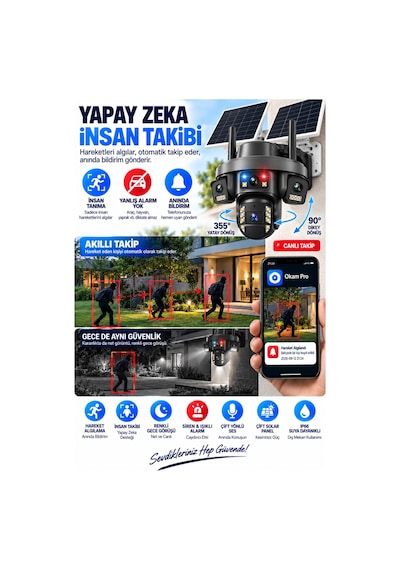Premium 16mp 4g Solar Güvenlik Kamerası Çift Panel Ptz İnsan Takip Renkli Gece Görüş Ip66 Okam Pro