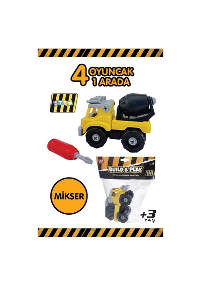 Build & Play 4 Ü 1 Arada Sök Tak İş Makinesi Oyuncak Seti Kepçe Mikser Vinç Buldozer Stem +3 Yaş