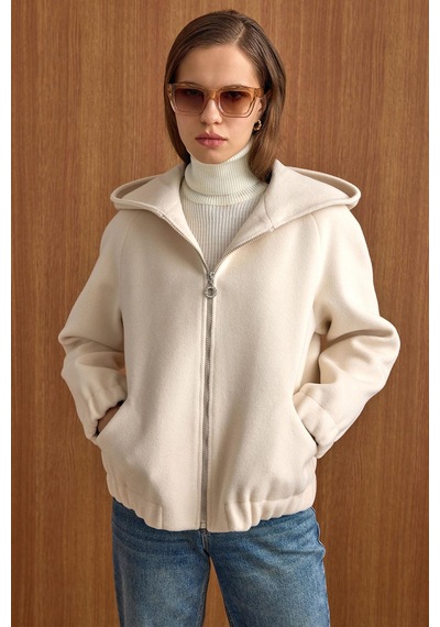 Olcay Kapüşonlu Beli Lastikli Oversize Kısa Kaban Ekru 3162