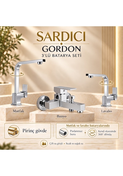 Sardıcı Gordon 3 Lü Mutfak Lavabo Banyo Batarya Seti Pirinç Gövde Çift Su Girişli Krom