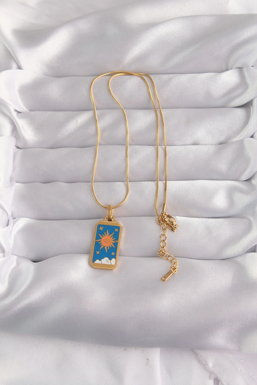 316l Çelik Gold Renk Mavi Mineli Güneş Model Tarot Kolye Açık Mavi