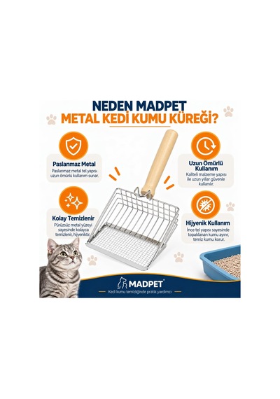 Metal Kedi Kumu Elek Kürek - Ahşap Saplı Paslanmaz Kedi Kumu Küreği - İnce Tel Elek Yapılı Hijyenik Kedi Tuvalet Temizleme Küreği - Dayanıklı Ve Pratik - 26 Cm