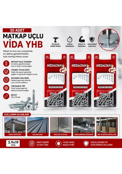 Medalyan Dl-100 Matkap Uçlu Vida 3,9x19 - 30 Adet- 12'li Paket Diğer