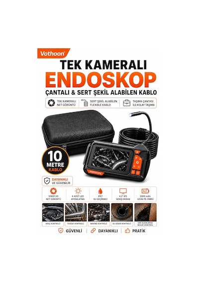 Ekranlı Tek Kameralı 10 Mt Sert Kablo Yılan Endoskop Kamera 8 Mm 4.3 Inc