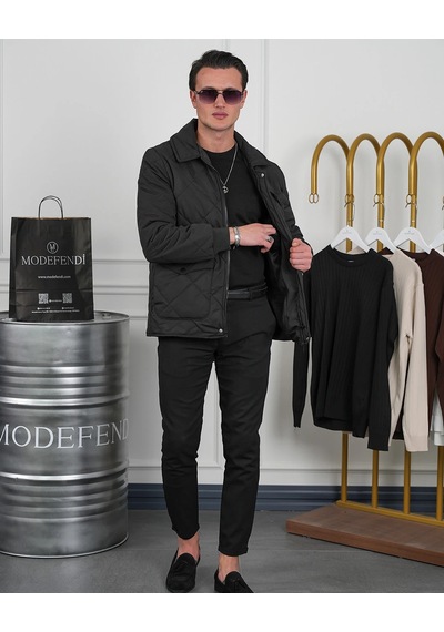 Modefendi Slim Fit Baklava Desen Torba Cep Dolum Elyaf Mont Siyah
