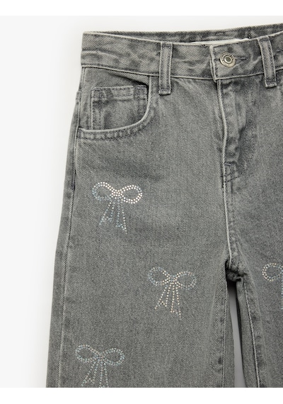 Koton Fiyonk Nakış Detaylı Pamuklu Geniş Paça Denim Pantolon Gri 7wkg40021ad