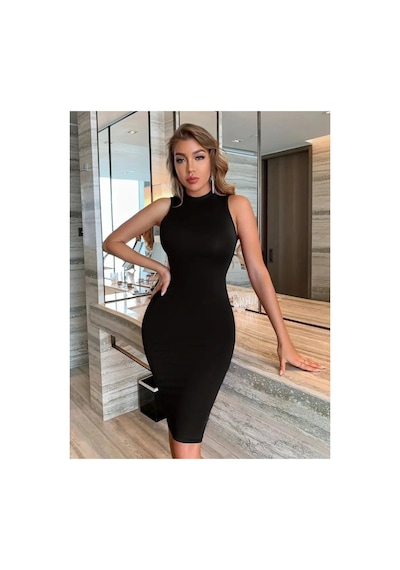 Butik İstanbul Kadın Omuzlardan Açık Bisiklet Yaka Janjan Krep Elbise Siyah