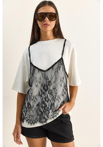 Shade Kadın Dantel Detaylı Katmanlı Görünümlü Basic T-shirt 1083 60286114 - Beyaz