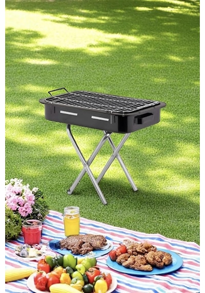 Orta Boy Premium Seri Kalın Emaye Mangal Katlanır Ayaklı 1. Sınıf Paslanmaz Barbekü Mangal 57 X 32cm Siyah
