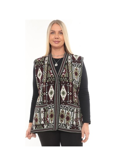 İksun Kadın Etnik Model Triko Örgü Kilim Cepli Kışlık Kalın Anne Yelek Çağla