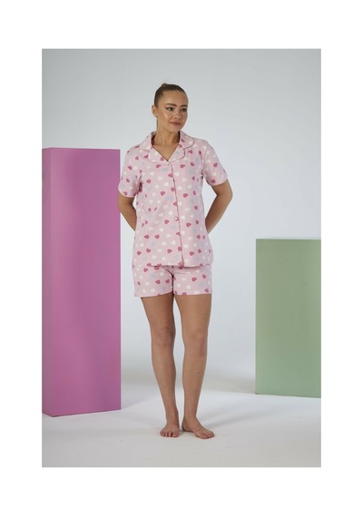 Estiva Kadın Yazlık Kalp Desenli Önden Düğmeli Şortlu Penye Lycra Pijama Takımı PEMBE