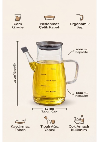 Makri Home 1000 Ml Cam Yağlık Sirkelik Sürahi, 22 Cm Yükseklik, 10 Cm Çap, Paslanmaz Çelik Kapaklı Şeffaf