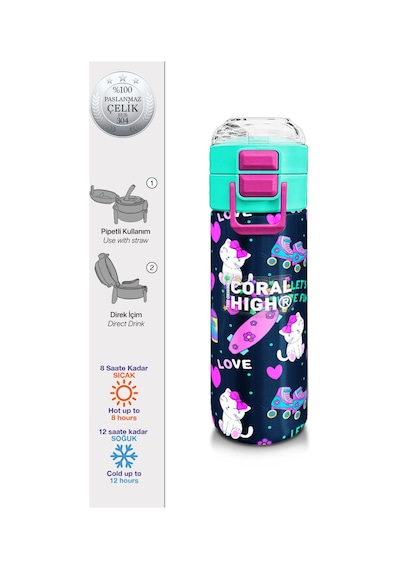 Coral High Kids Lacivert Pembe Kedili Paten Desenli Pipetli Ve Direkt İçim Çelik Termos 500 Ml 31983 Lacivert - Pembe Coral High Kids Lacivert Pembe Kedili Paten Desenli Pipetli Ve Direkt İçim Çelik Termos 500 Ml 31983 Lacivert - Pembe