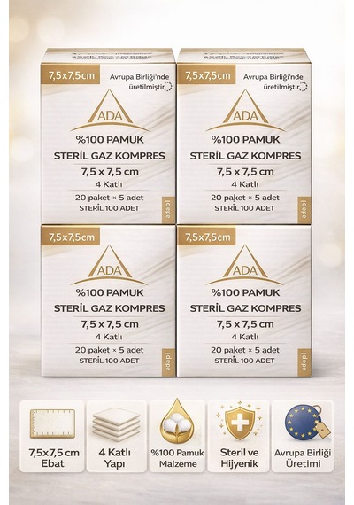 Ada Steril Kompres 7,5x7,5 Cm 4 Katlı %100 Pamuk - 100 Adet 10 Kutu